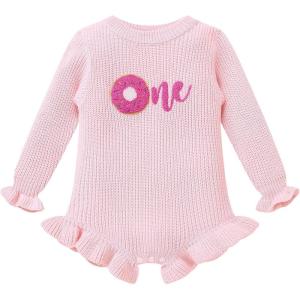 imageIDOPIP Baby Girl Sweater Romper First Birthday Outfit Girl Toddler Long Sleeve One Sweater Fall Winter Cake Smash ClothesPink