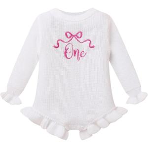 imageIDOPIP Baby Girl Sweater Romper First Birthday Outfit Girl Toddler Long Sleeve One Sweater Fall Winter Cake Smash ClothesWhite