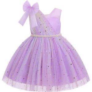 imageIDOPIP Toddler Flower Girl Dress Sequin Bowknot Pageant Wedding Princess Birthday Party Dresses Tulle Tutu Formal Ball GownPurple