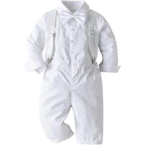 imageIDOPIP Toddler Kids Baby Boys 1st Christmas Outfit Gentleman Striped Shirt with Bowtie Long Suspender Pants Overalls Clothes All White
