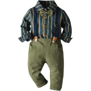 imageIDOPIP Toddler Kids Baby Boys 1st Christmas Outfit Gentleman Striped Shirt with Bowtie Long Suspender Pants Overalls ClothesArmy Green Striped