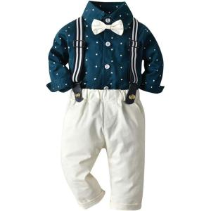 imageIDOPIP Toddler Kids Baby Boys 1st Christmas Outfit Gentleman Striped Shirt with Bowtie Long Suspender Pants Overalls ClothesBeige Stars
