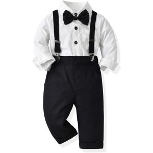 imageIDOPIP Toddler Kids Baby Boys 1st Christmas Outfit Gentleman Striped Shirt with Bowtie Long Suspender Pants Overalls ClothesBlack  White