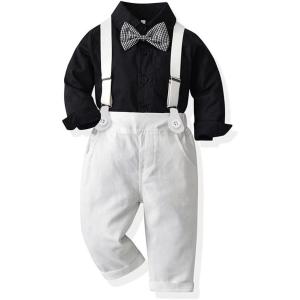 imageIDOPIP Toddler Kids Baby Boys 1st Christmas Outfit Gentleman Striped Shirt with Bowtie Long Suspender Pants Overalls ClothesBlack  White Plaid Tie