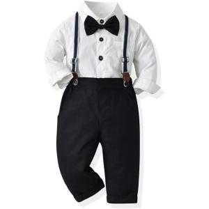 imageIDOPIP Toddler Kids Baby Boys 1st Christmas Outfit Gentleman Striped Shirt with Bowtie Long Suspender Pants Overalls ClothesBlack  White Striped