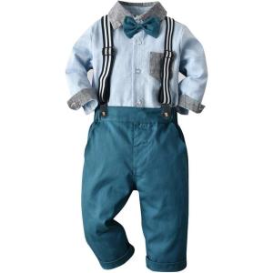 imageIDOPIP Toddler Kids Baby Boys 1st Christmas Outfit Gentleman Striped Shirt with Bowtie Long Suspender Pants Overalls ClothesBlue