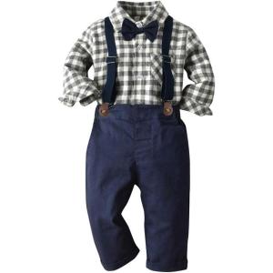 imageIDOPIP Toddler Kids Baby Boys 1st Christmas Outfit Gentleman Striped Shirt with Bowtie Long Suspender Pants Overalls ClothesGray Lattice