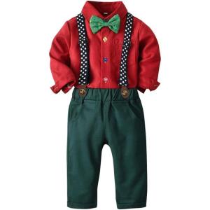imageIDOPIP Toddler Kids Baby Boys 1st Christmas Outfit Gentleman Striped Shirt with Bowtie Long Suspender Pants Overalls ClothesRed  Dark Green