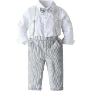 imageIDOPIP Toddler Kids Baby Boys 1st Christmas Outfit Gentleman Striped Shirt with Bowtie Long Suspender Pants Overalls ClothesWhite  Striped