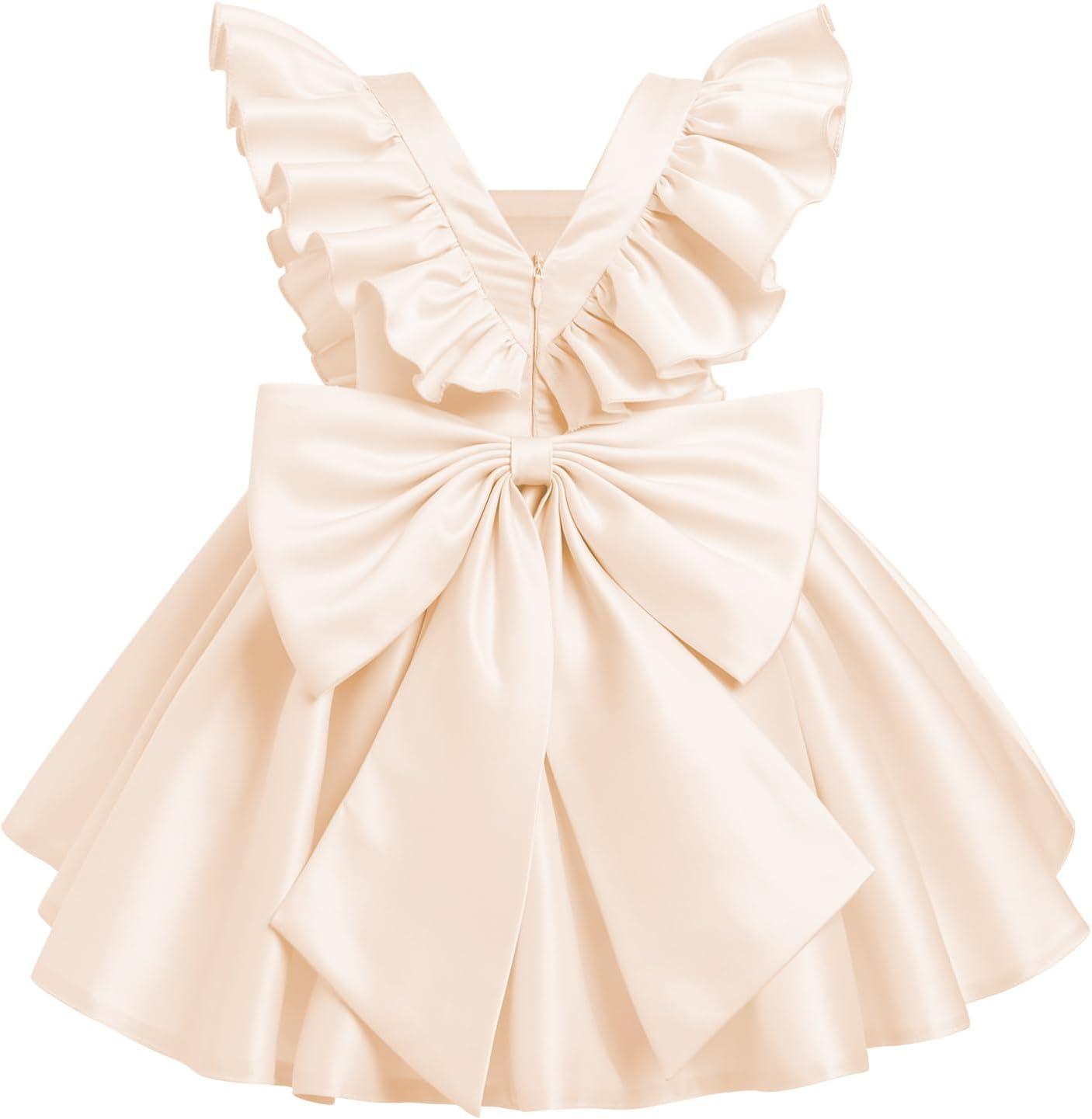 imageIDOPIP Flower Girl Butterfly Bow Tutu Dress for Kids Baby Princess Wedding Communion Birthday Party Pageant Baptism DressesChampagne