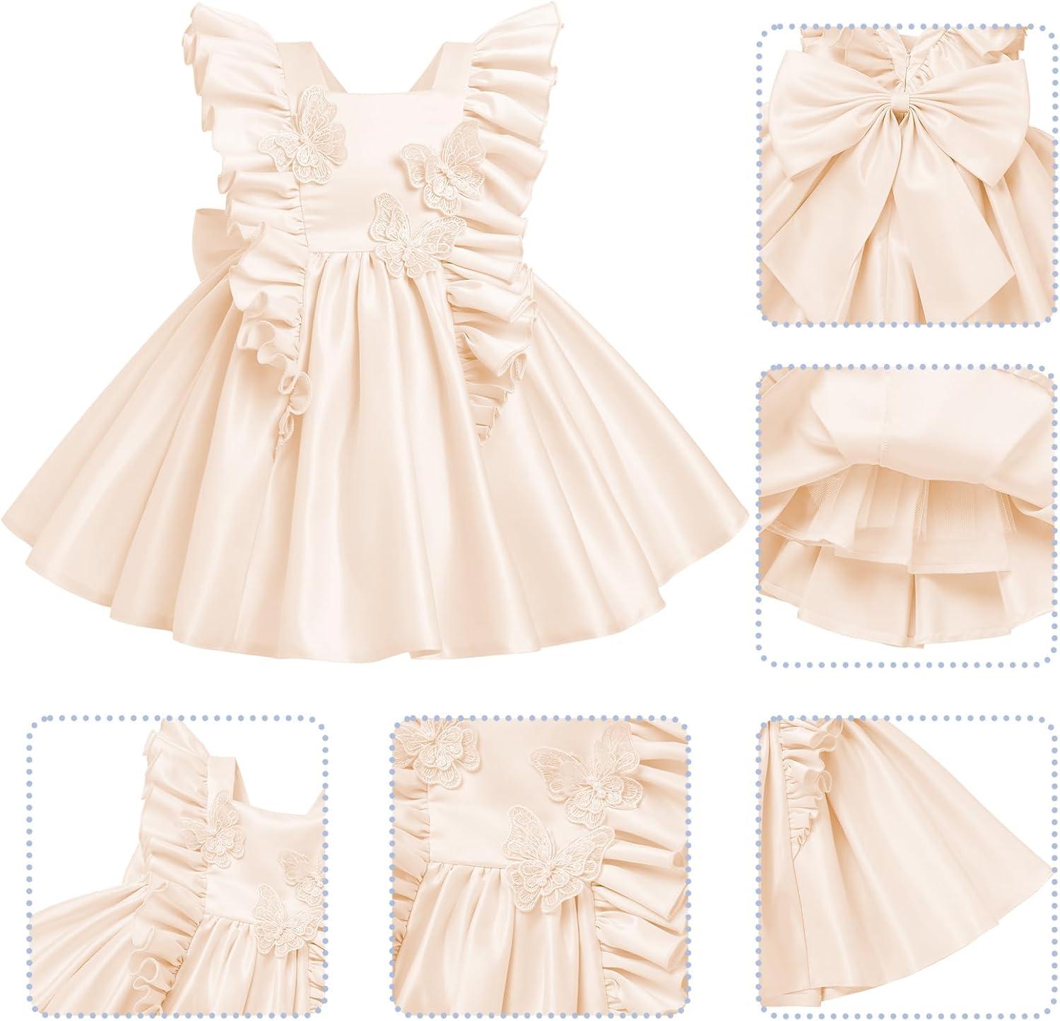 imageIDOPIP Flower Girl Butterfly Bow Tutu Dress for Kids Baby Princess Wedding Communion Birthday Party Pageant Baptism DressesChampagne