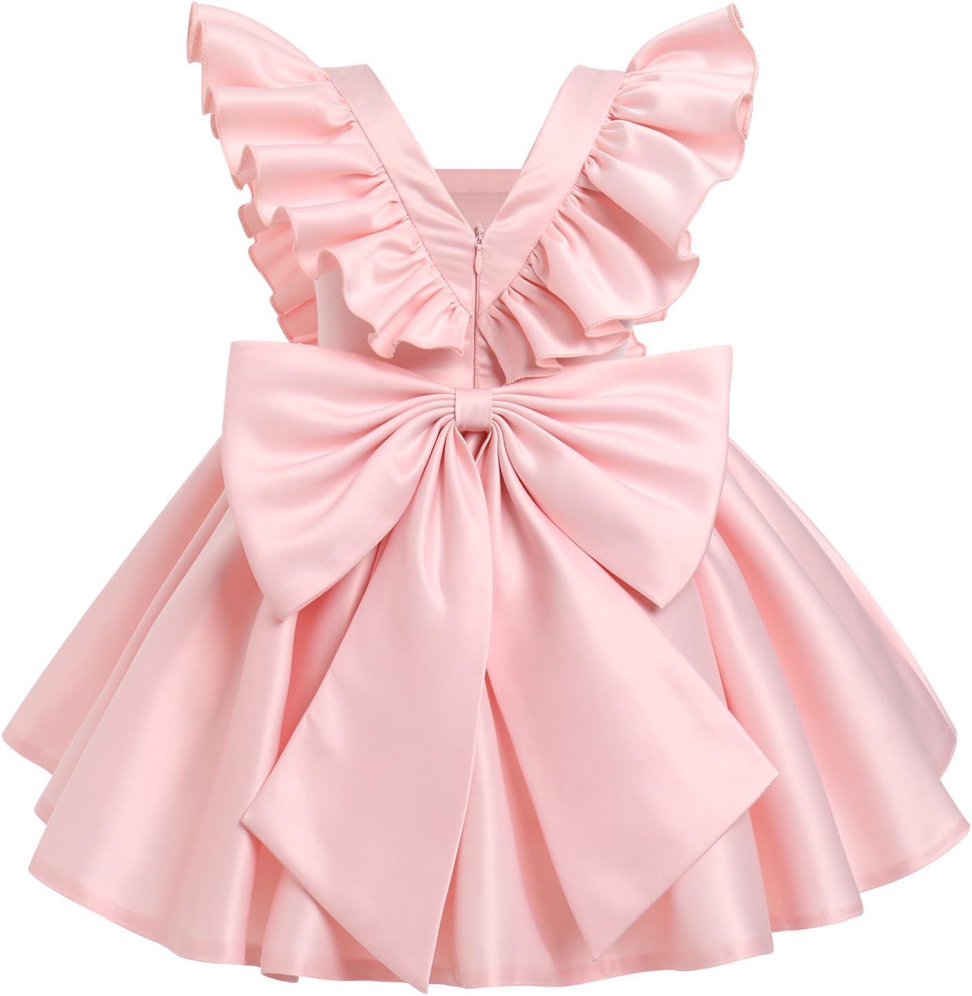 imageIDOPIP Flower Girl Butterfly Bow Tutu Dress for Kids Baby Princess Wedding Communion Birthday Party Pageant Baptism DressesPink