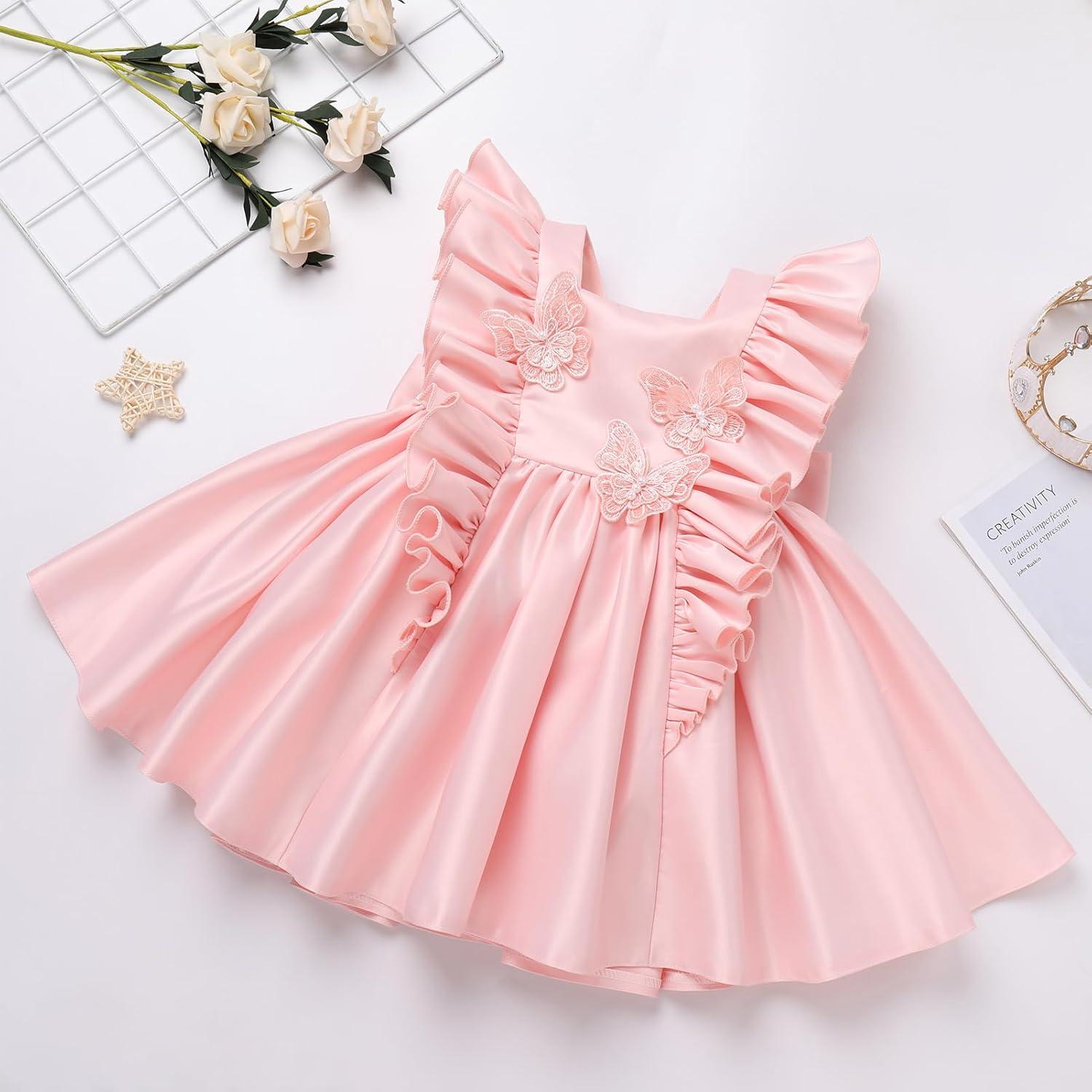 imageIDOPIP Flower Girl Butterfly Bow Tutu Dress for Kids Baby Princess Wedding Communion Birthday Party Pageant Baptism DressesPink