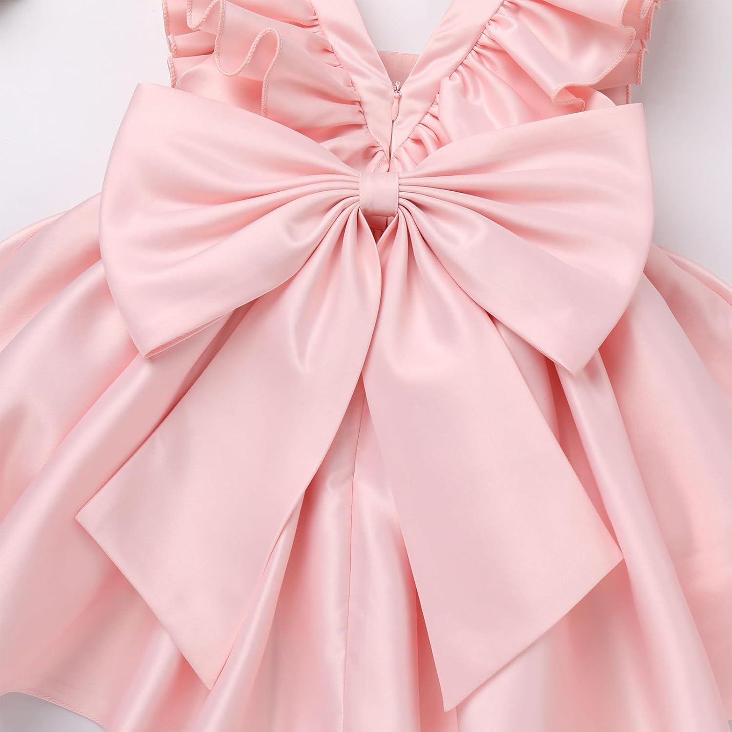 imageIDOPIP Flower Girl Butterfly Bow Tutu Dress for Kids Baby Princess Wedding Communion Birthday Party Pageant Baptism DressesPink