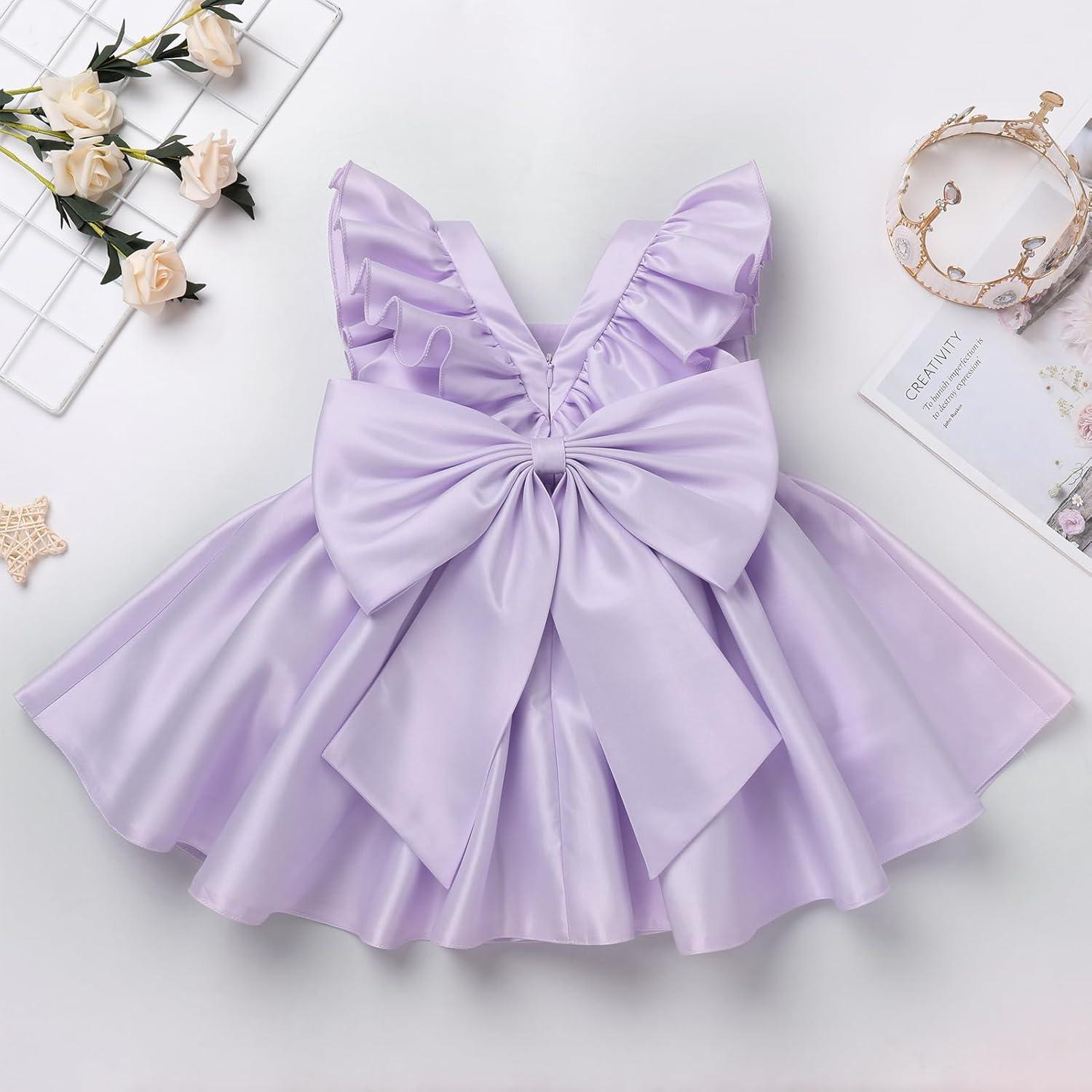 imageIDOPIP Flower Girl Butterfly Bow Tutu Dress for Kids Baby Princess Wedding Communion Birthday Party Pageant Baptism DressesPurple