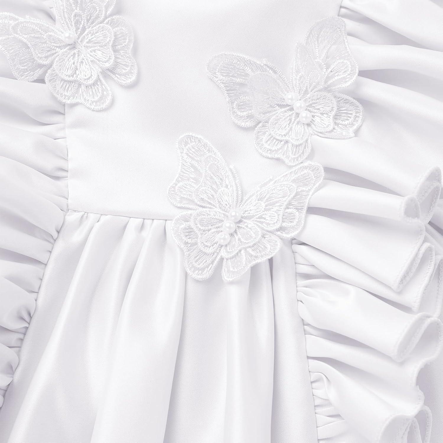 imageIDOPIP Flower Girl Butterfly Bow Tutu Dress for Kids Baby Princess Wedding Communion Birthday Party Pageant Baptism DressesWhite