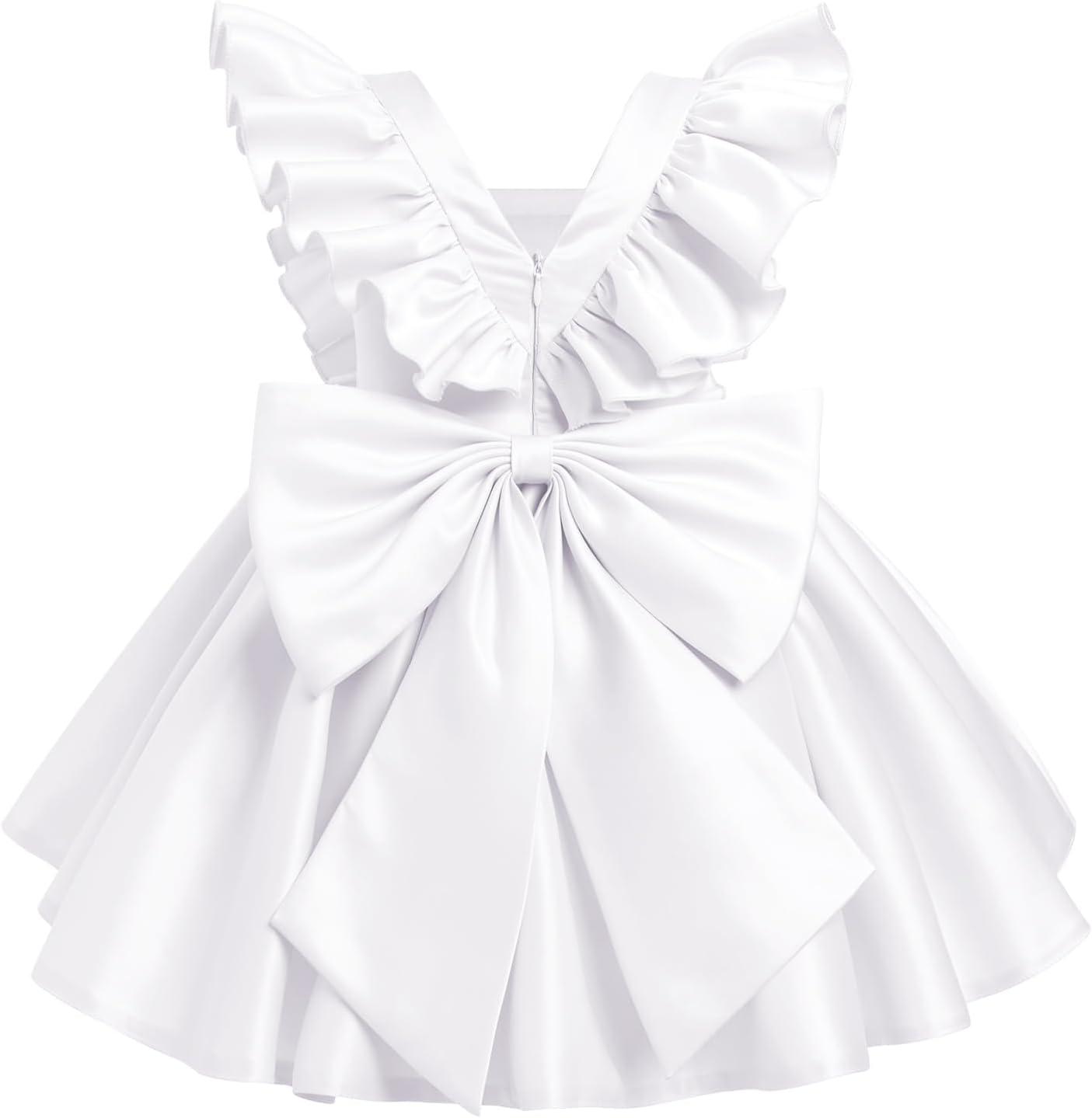 imageIDOPIP Flower Girl Butterfly Bow Tutu Dress for Kids Baby Princess Wedding Communion Birthday Party Pageant Baptism DressesWhite