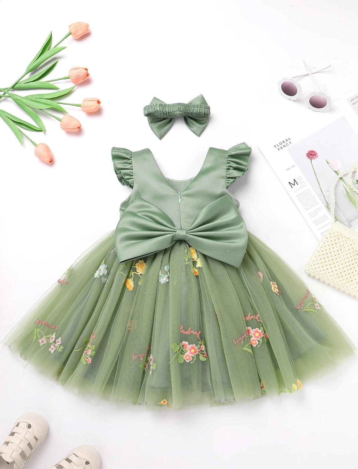 imageIDOPIP Toddler Baby Girls Tutu Dress Embroidery Strawberry Birthday Party Dresses Princess Pageant Bowknot Gown with HeadwearGreen