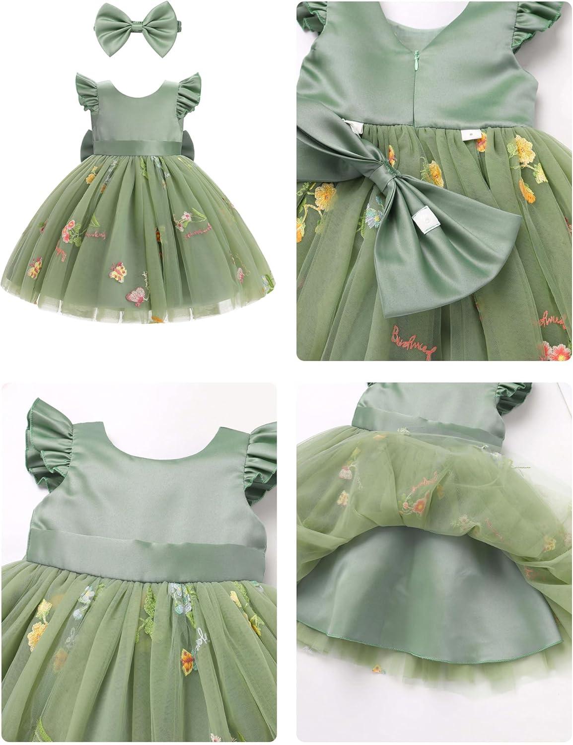 imageIDOPIP Toddler Baby Girls Tutu Dress Embroidery Strawberry Birthday Party Dresses Princess Pageant Bowknot Gown with HeadwearGreen