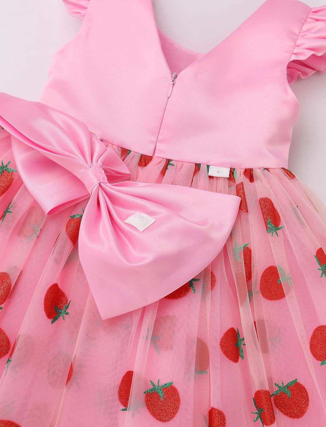 imageIDOPIP Toddler Baby Girls Tutu Dress Embroidery Strawberry Birthday Party Dresses Princess Pageant Bowknot Gown with HeadwearPink