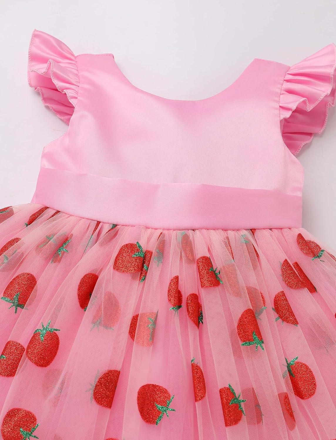 imageIDOPIP Toddler Baby Girls Tutu Dress Embroidery Strawberry Birthday Party Dresses Princess Pageant Bowknot Gown with HeadwearPink