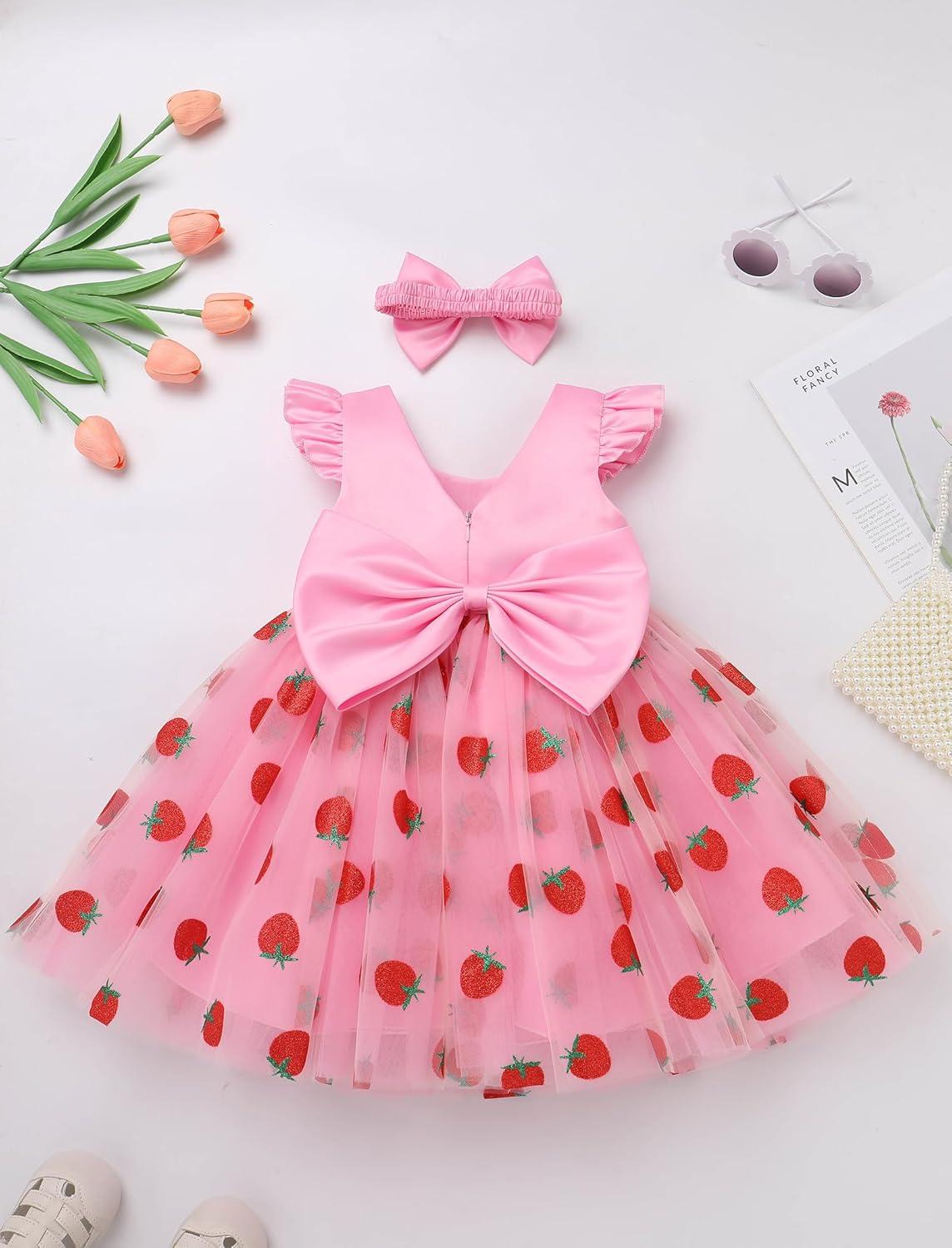imageIDOPIP Toddler Baby Girls Tutu Dress Embroidery Strawberry Birthday Party Dresses Princess Pageant Bowknot Gown with HeadwearPink