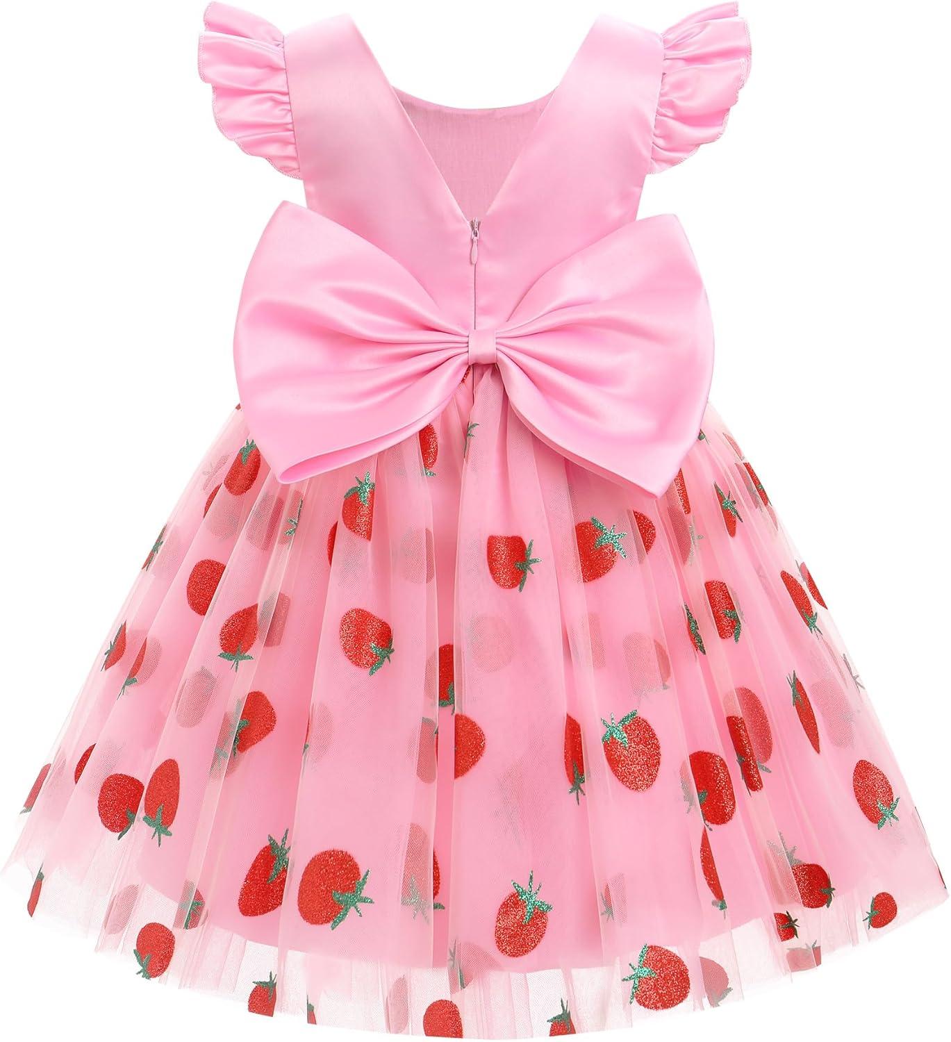 imageIDOPIP Toddler Baby Girls Tutu Dress Embroidery Strawberry Birthday Party Dresses Princess Pageant Bowknot Gown with HeadwearPink