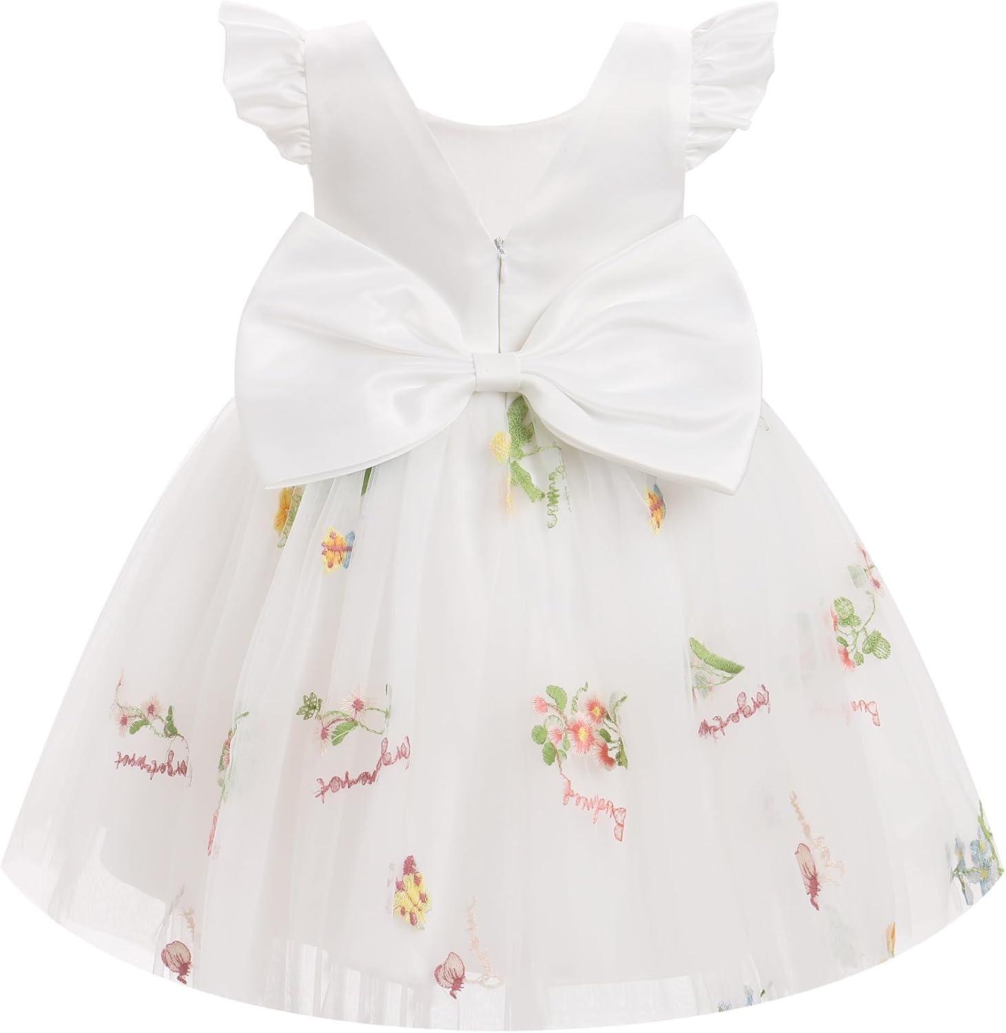 imageIDOPIP Toddler Baby Girls Tutu Dress Embroidery Strawberry Birthday Party Dresses Princess Pageant Bowknot Gown with HeadwearWhite