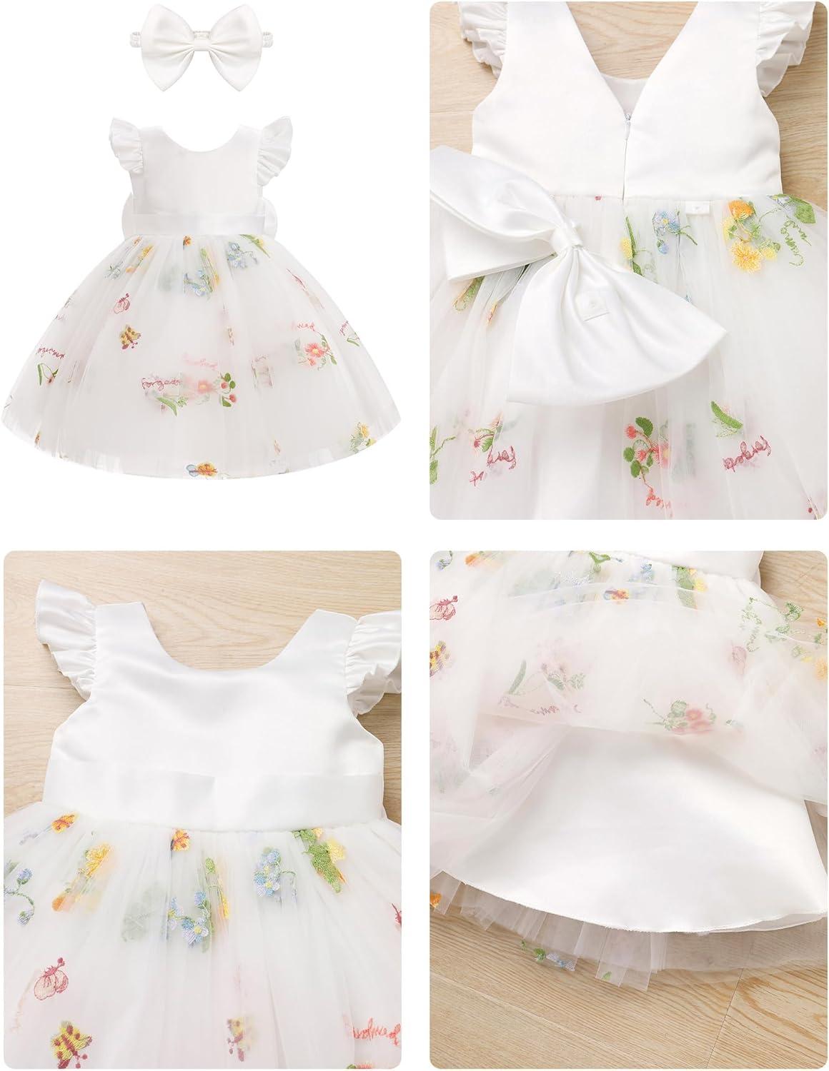 imageIDOPIP Toddler Baby Girls Tutu Dress Embroidery Strawberry Birthday Party Dresses Princess Pageant Bowknot Gown with HeadwearWhite