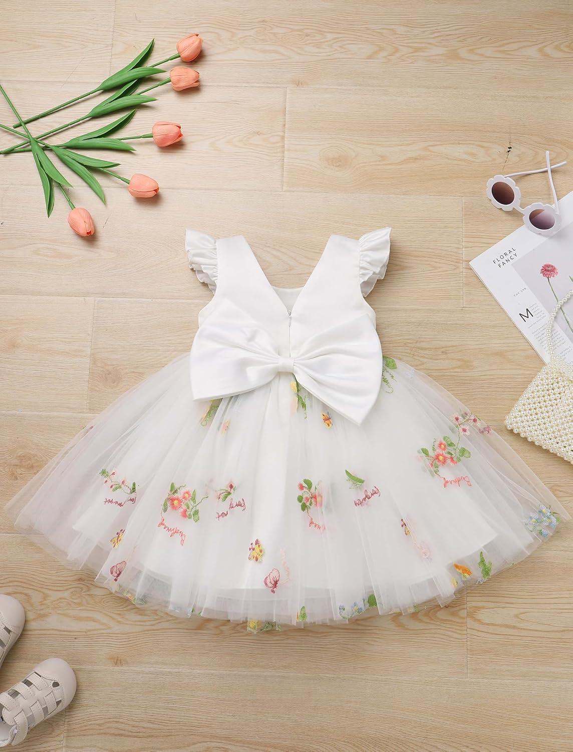 imageIDOPIP Toddler Baby Girls Tutu Dress Embroidery Strawberry Birthday Party Dresses Princess Pageant Bowknot Gown with HeadwearWhite