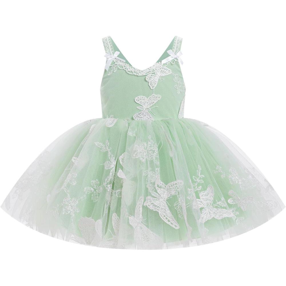 imageIDOPIP Toddler Baby Girl Butterfly Tutu Dress Tulle Smocked Princess Birthday Party Pageant Flower Girl Wedding Dresses 9M4TGreen