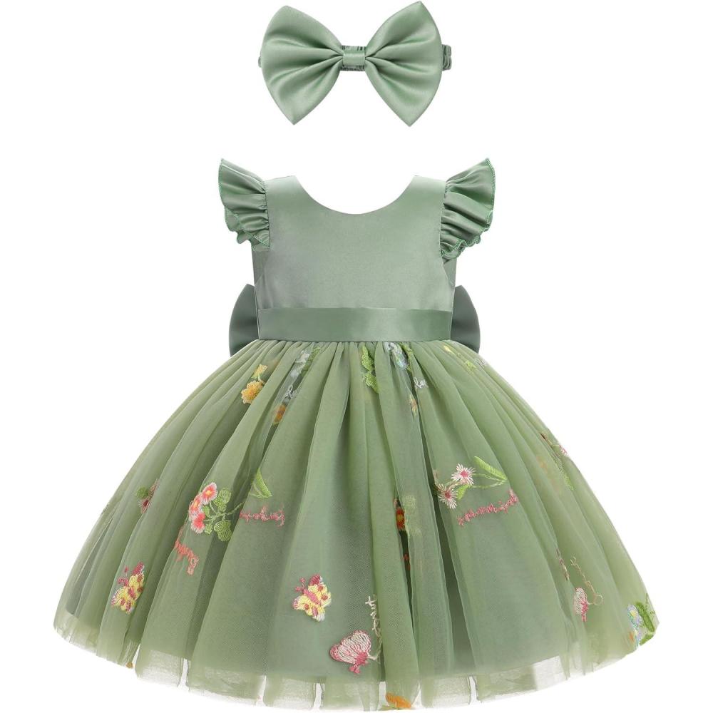 imageIDOPIP Toddler Baby Girls Tutu Dress Embroidery Strawberry Birthday Party Dresses Princess Pageant Bowknot Gown with HeadwearGreen