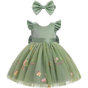 imageIDOPIP Toddler Baby Girls Tutu Dress Embroidery Strawberry Birthday Party Dresses Princess Pageant Bowknot Gown with HeadwearGreen