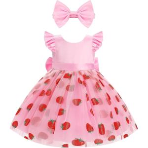 imageIDOPIP Toddler Baby Girls Tutu Dress Embroidery Strawberry Birthday Party Dresses Princess Pageant Bowknot Gown with HeadwearPink