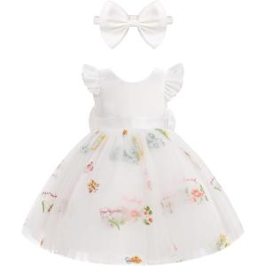 imageIDOPIP Toddler Baby Girls Tutu Dress Embroidery Strawberry Birthday Party Dresses Princess Pageant Bowknot Gown with HeadwearWhite