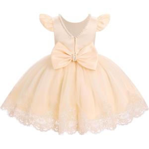 imageIDOPIP Flower Girl Lace Dress for Kids Baby Wedding Pageant Birthday Party Dresses Toddler Bead VBackless Bowknot Tulle GownApricot