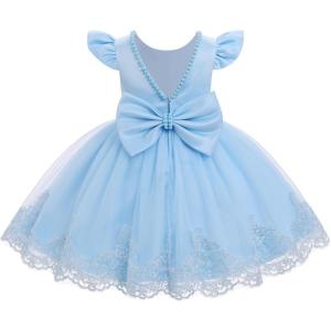imageIDOPIP Flower Girl Lace Dress for Kids Baby Wedding Pageant Birthday Party Dresses Toddler Bead VBackless Bowknot Tulle GownBlue