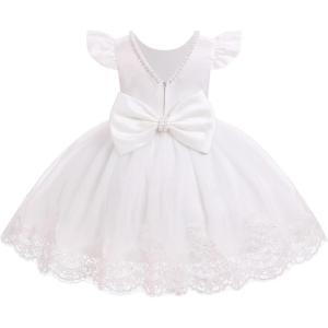 imageIDOPIP Flower Girl Lace Dress for Kids Baby Wedding Pageant Birthday Party Dresses Toddler Bead VBackless Bowknot Tulle GownWhite