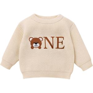 imageIDOPIP Toddler Baby Girls First Birthday Outfit Boho Embroidery One Sweater Top Knit Pullover Sweatshirt Fall Winter ClothesBeige Bear