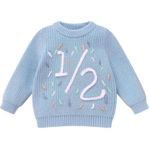 imageIDOPIP Toddler Baby Girls First Birthday Outfit Boho Embroidery One Sweater Top Knit Pullover Sweatshirt Fall Winter ClothesBlue 12