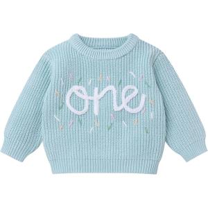 imageIDOPIP Toddler Baby Girls First Birthday Outfit Boho Embroidery One Sweater Top Knit Pullover Sweatshirt Fall Winter ClothesBlue Donut Two