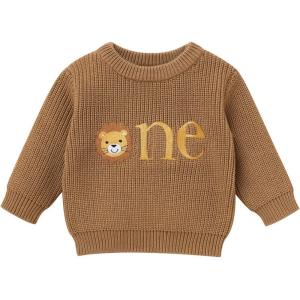 imageIDOPIP Toddler Baby Girls First Birthday Outfit Boho Embroidery One Sweater Top Knit Pullover Sweatshirt Fall Winter ClothesBrown Lion