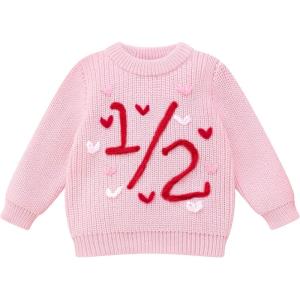 imageIDOPIP Toddler Baby Girls First Birthday Outfit Boho Embroidery One Sweater Top Knit Pullover Sweatshirt Fall Winter ClothesPink 12  Heart