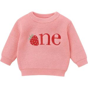 imageIDOPIP Toddler Baby Girls First Birthday Outfit Boho Embroidery One Sweater Top Knit Pullover Sweatshirt Fall Winter ClothesPink Strawberry