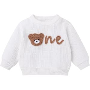 imageIDOPIP Toddler Baby Girls First Birthday Outfit Boho Embroidery One Sweater Top Knit Pullover Sweatshirt Fall Winter ClothesWhite Bear One