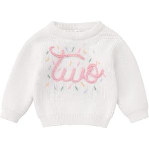 imageIDOPIP Toddler Baby Girls First Birthday Outfit Boho Embroidery One Sweater Top Knit Pullover Sweatshirt Fall Winter ClothesWhite Donut Two