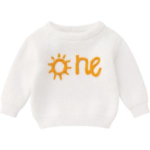 imageIDOPIP Toddler Baby Girls First Birthday Outfit Boho Embroidery One Sweater Top Knit Pullover Sweatshirt Fall Winter ClothesWhite Sun One
