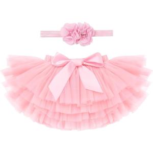 imageBaby Girl Tutu Skirt with Diaper Cover Toddler Girls Tulle Bloomers and Headband First Birthday Cake Smash Outfits 03TPink