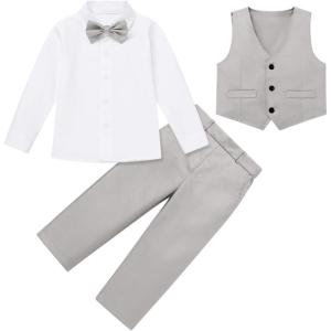 imageIDOPIP Toddler Kids Baby Boys Formal Suit Gentleman Outfit Long Sleeve Shirt with Bowtie  Vest  Pants Overalls Clothes 28TGray  4pcs