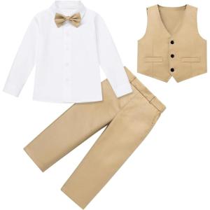 imageIDOPIP Toddler Kids Baby Boys Formal Suit Gentleman Outfit Long Sleeve Shirt with Bowtie  Vest  Pants Overalls Clothes 28TKhaki  4pcs